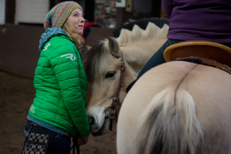 Frau mit Norweger Pferd und Westernsattel, Pferdetraining Ratingen.
